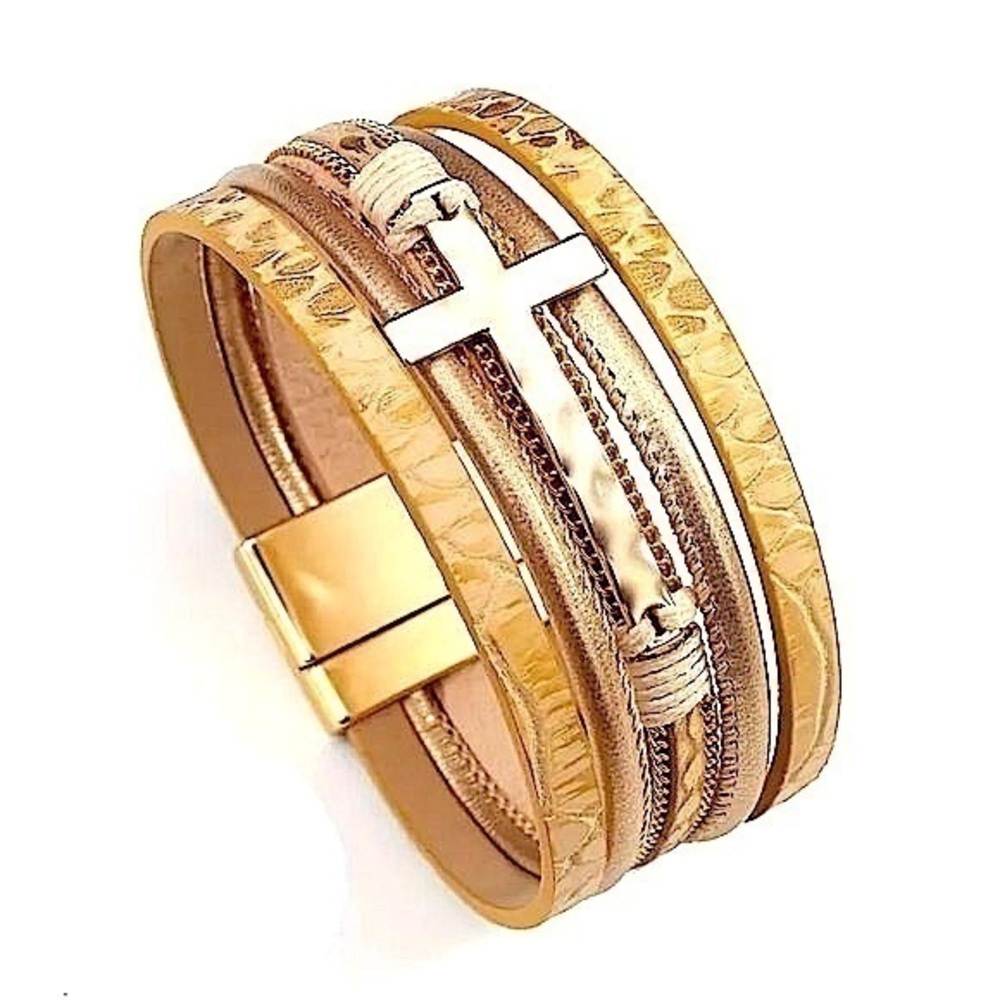 🌟Bohemian Gold Tone Multi-Layer Bracelet Magnetic Clasp Cross Charm Religious